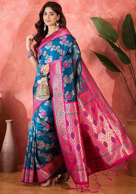 Teal Blue Woven Silk Saree Set
