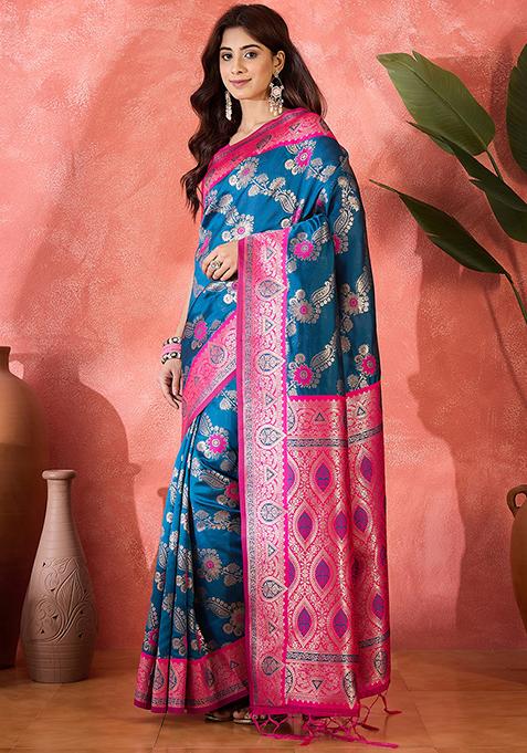 Teal Blue Woven Silk Saree Set