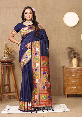 Navy Blue Meenakari Paithani Silk Saree Set