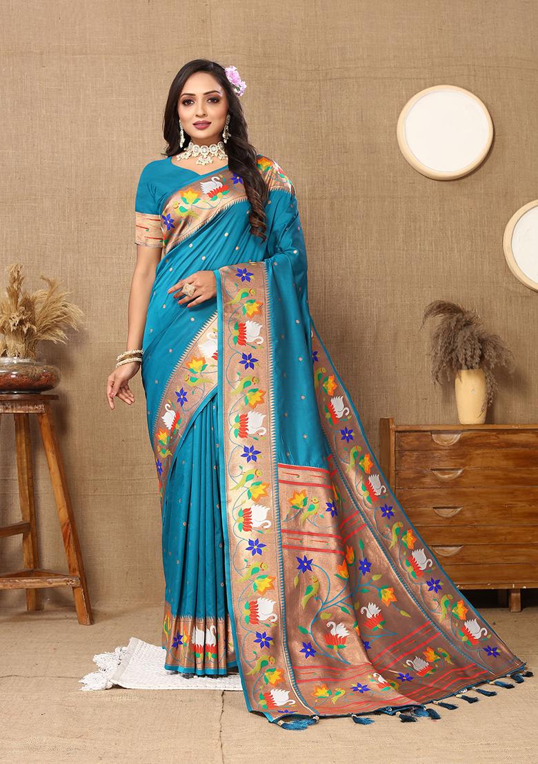 Teal Blue Meenakari Paithani Silk Saree Set