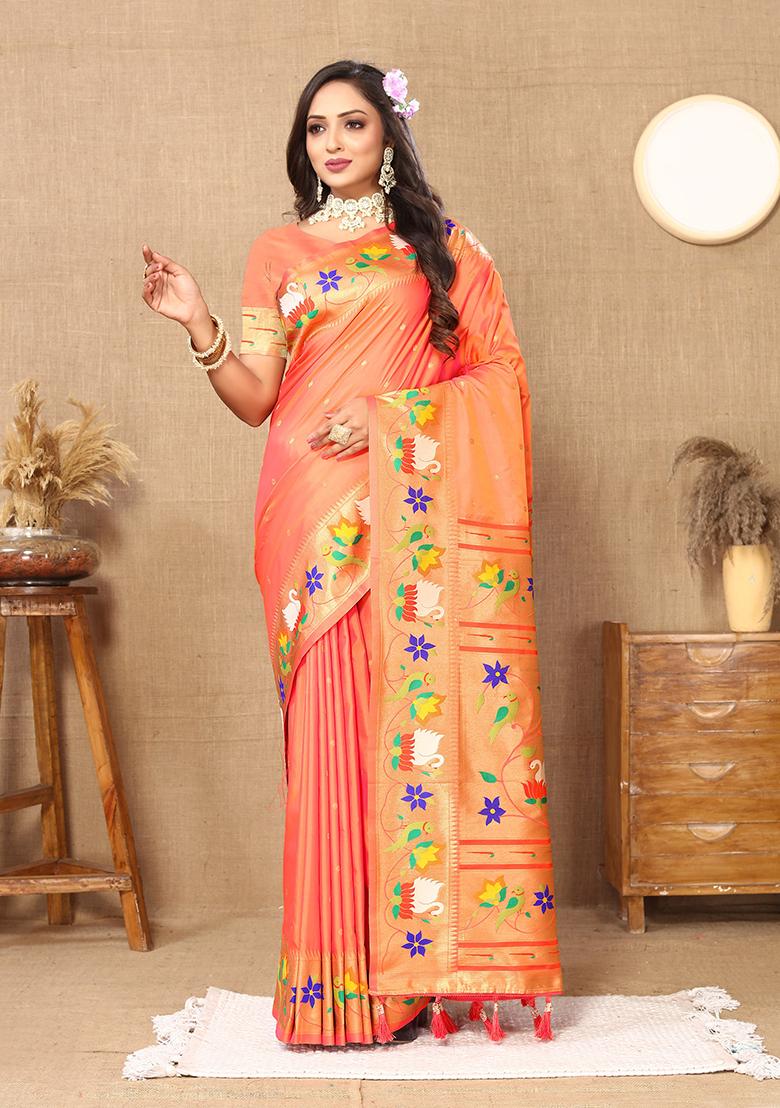 Orange Meenakari Paithani Silk Saree Set