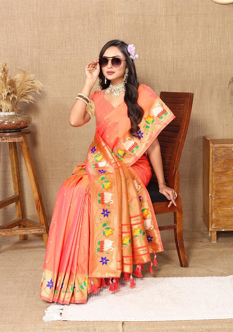 Orange Meenakari Paithani Silk Saree Set