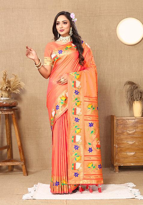Orange Meenakari Paithani Silk Saree Set