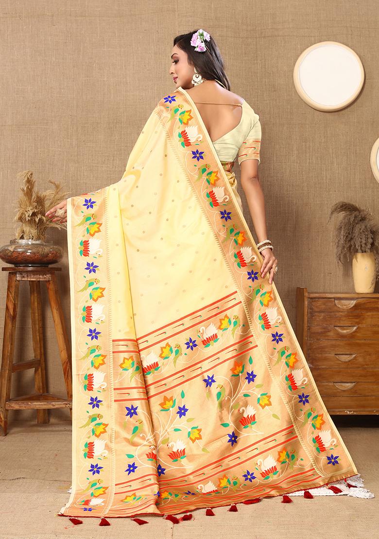 Light Yellow Meenakari Paithani Silk Saree Set