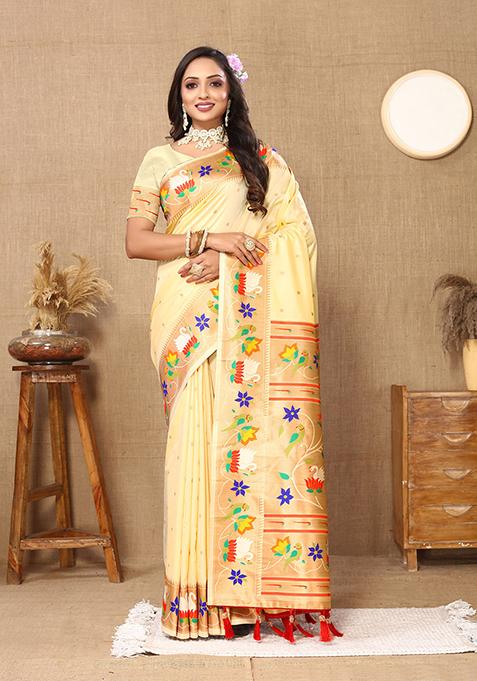 Light Yellow Meenakari Paithani Silk Saree Set
