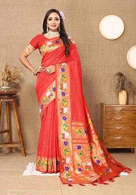Red Meenakari Paithani Silk Saree Set