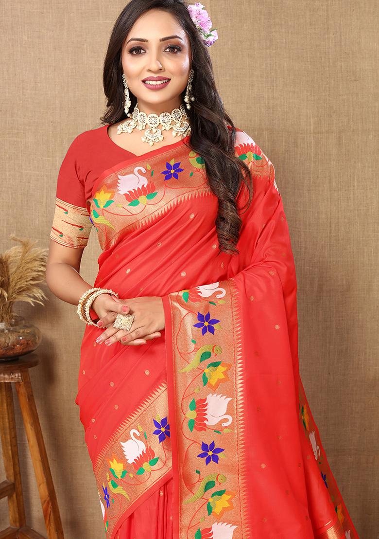 Red Meenakari Paithani Silk Saree Set