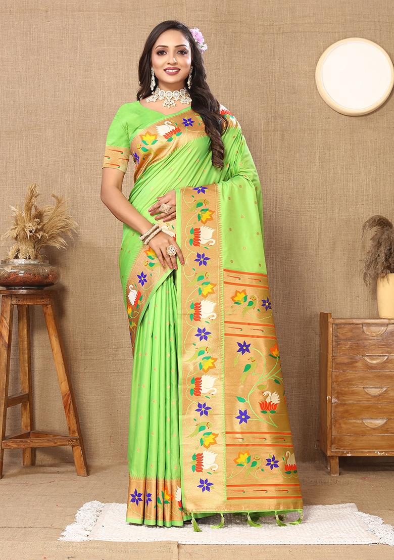 Parrot Green Meenakari Paithani Silk Saree Set