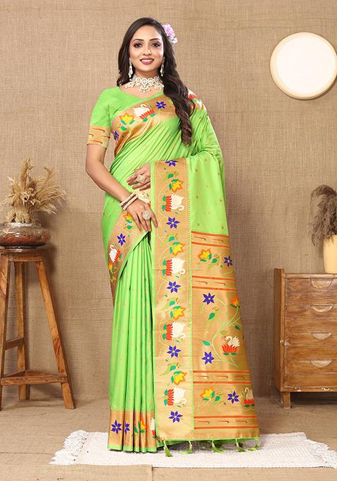 Parrot Green Meenakari Paithani Silk Saree Set