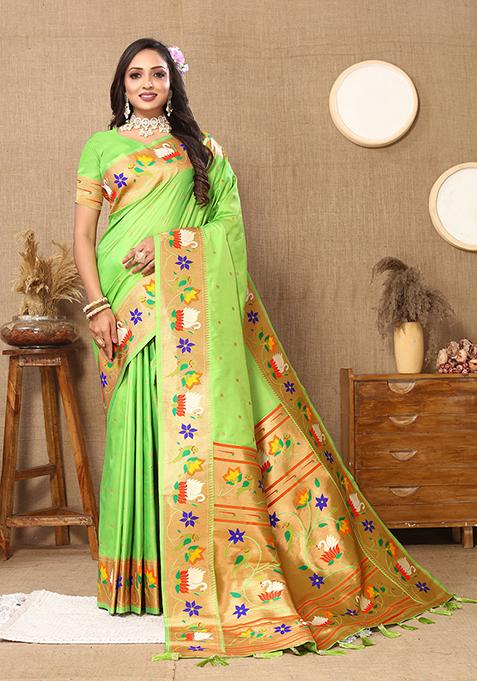 Parrot Green Meenakari Paithani Silk Saree Set