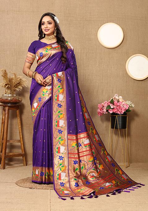 Voilet Meenakari Paithani Silk Saree Set