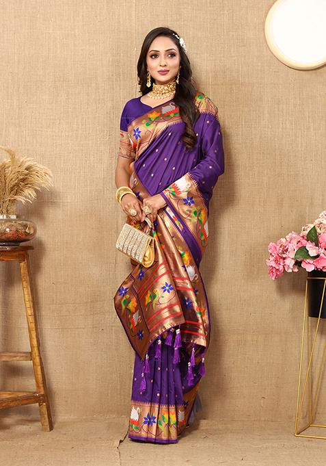 Voilet Meenakari Paithani Silk Saree Set