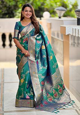 Rama Green Meenakari Banarasi Silk Saree Set