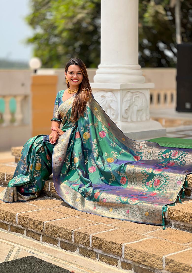 Rama Green Meenakari Banarasi Silk Saree Set