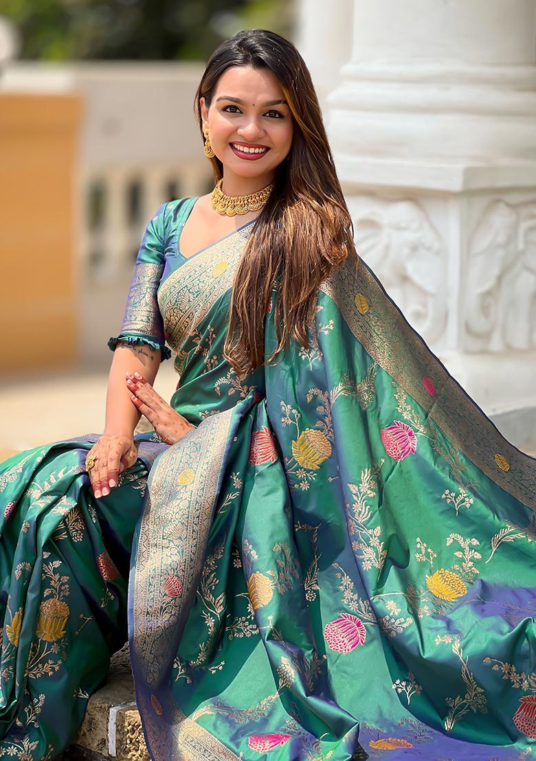 Rama Green Meenakari Banarasi Silk Saree Set