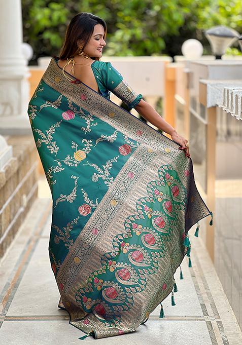 Rama Green Meenakari Banarasi Silk Saree Set