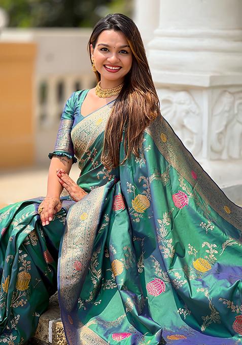 Rama Green Meenakari Banarasi Silk Saree Set