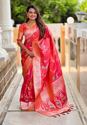 Gajari Pink Meenakari Banarasi Silk Saree Set