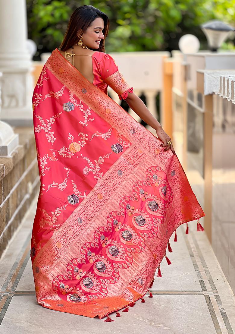 Gajari Pink Meenakari Banarasi Silk Saree Set