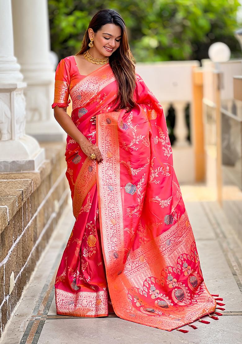 Gajari Pink Meenakari Banarasi Silk Saree Set