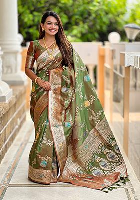 Mehendi Green Meenakari Banarasi Silk Saree Set