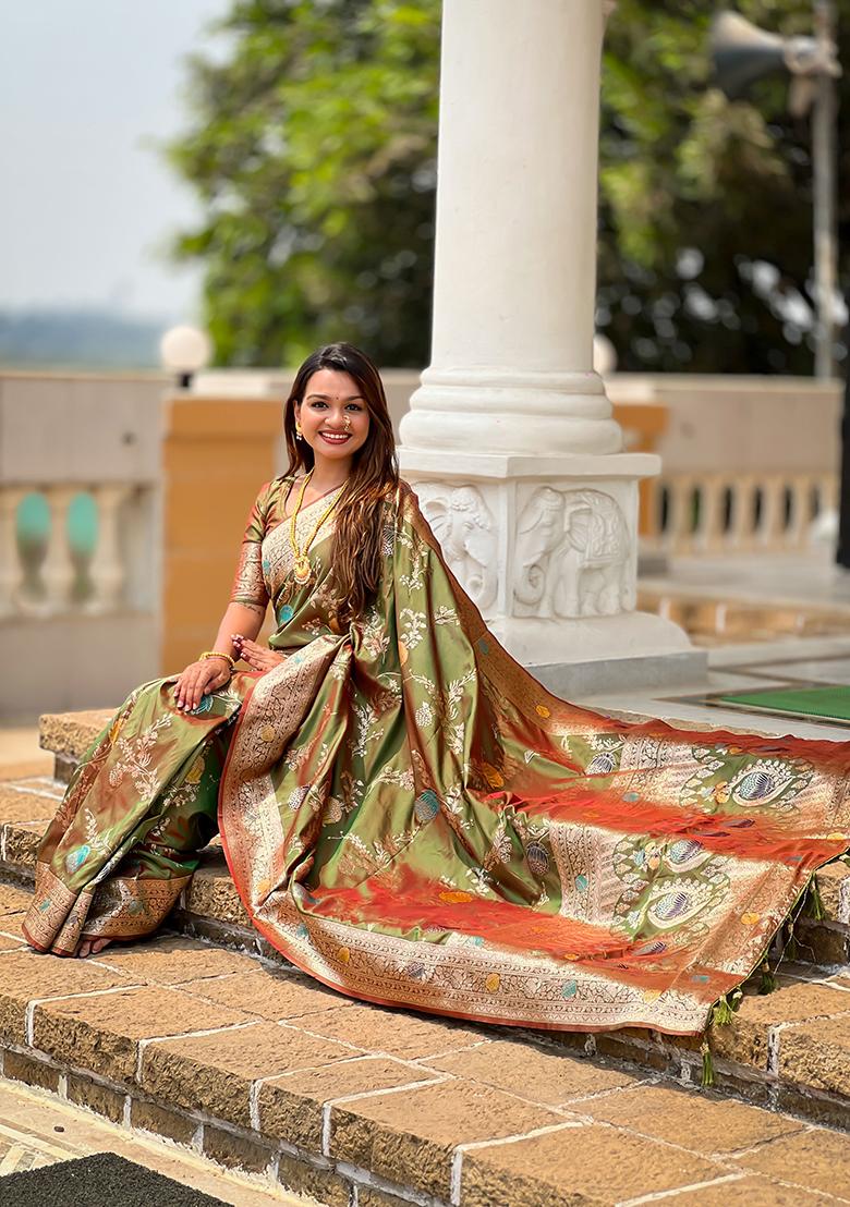 Mehendi Green Meenakari Banarasi Silk Saree Set