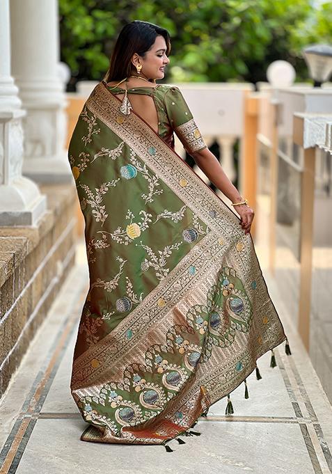 Mehendi Green Meenakari Banarasi Silk Saree Set