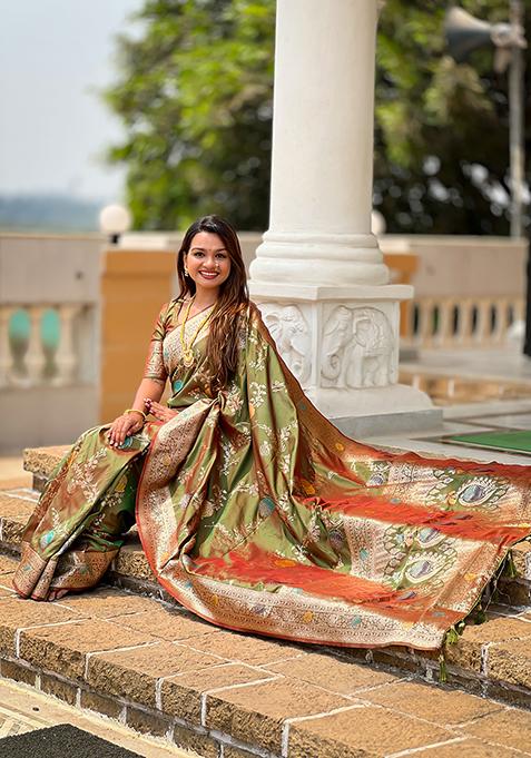 Mehendi Green Meenakari Banarasi Silk Saree Set