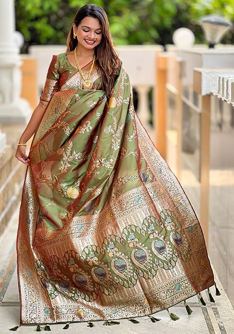Mehendi Green Meenakari Banarasi Silk Saree Set