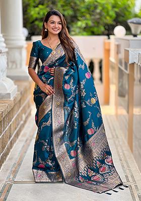 Teal Blue Meenakari Banarasi Silk Saree Set