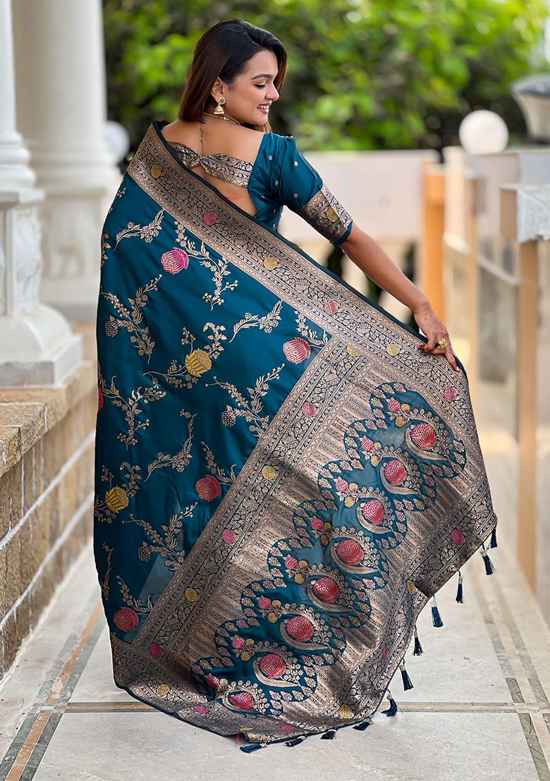 Teal Blue Meenakari Banarasi Silk Saree Set