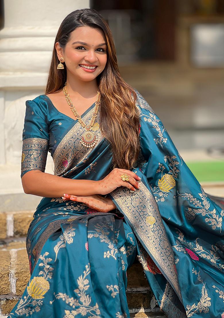 Teal Blue Meenakari Banarasi Silk Saree Set