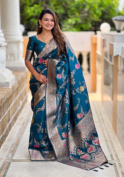 Teal Blue Meenakari Banarasi Silk Saree Set