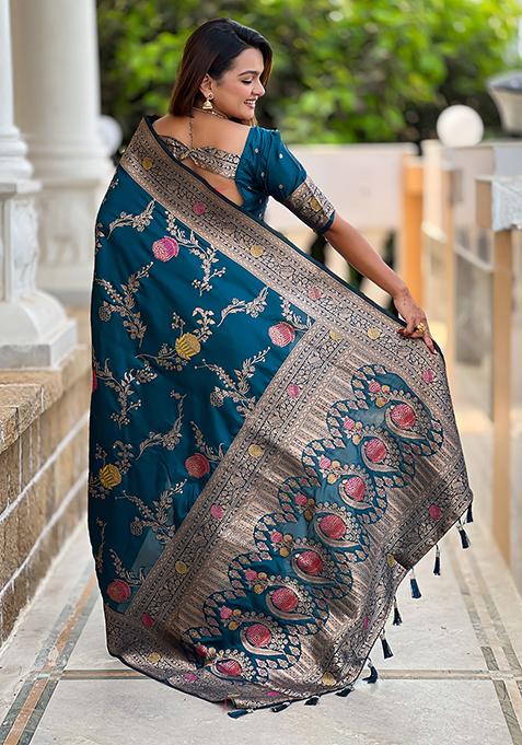 Teal Blue Meenakari Banarasi Silk Saree Set