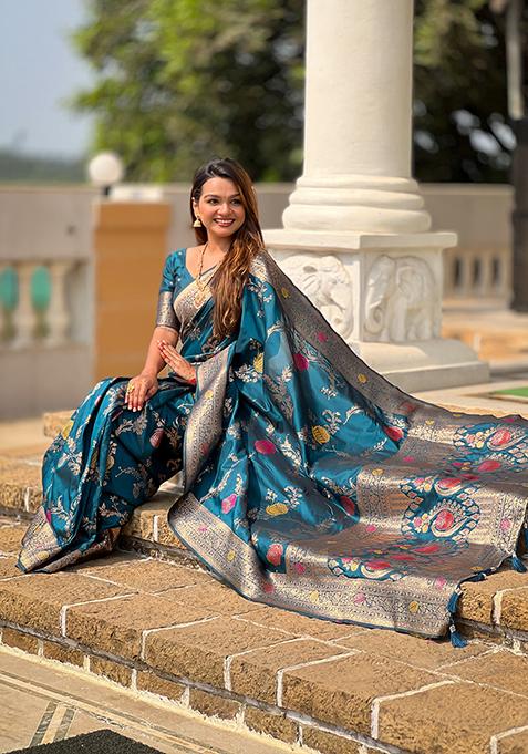 Teal Blue Meenakari Banarasi Silk Saree Set