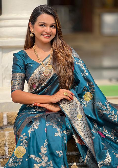 Teal Blue Meenakari Banarasi Silk Saree Set