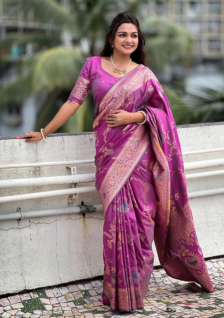 Onion Pink Meenakari Banarasi Silk Saree Set