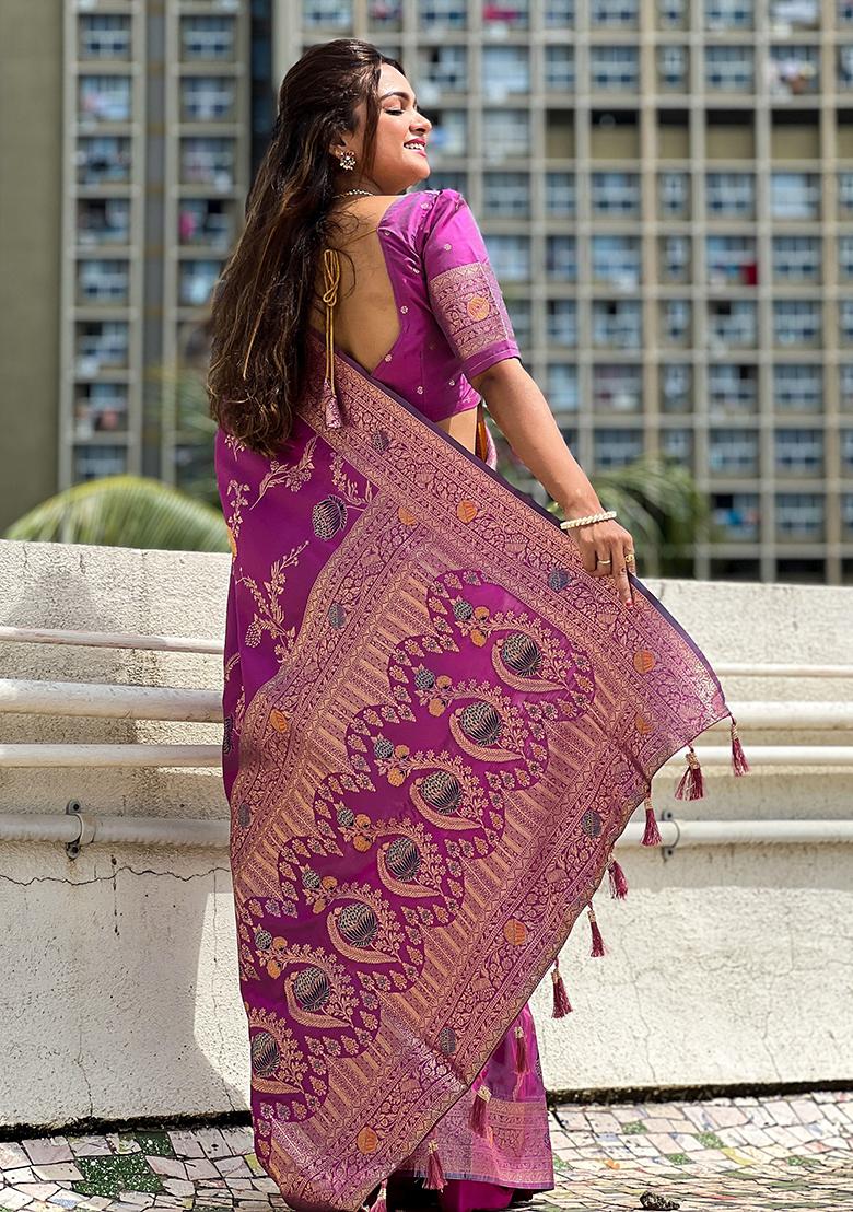 Onion Pink Meenakari Banarasi Silk Saree Set