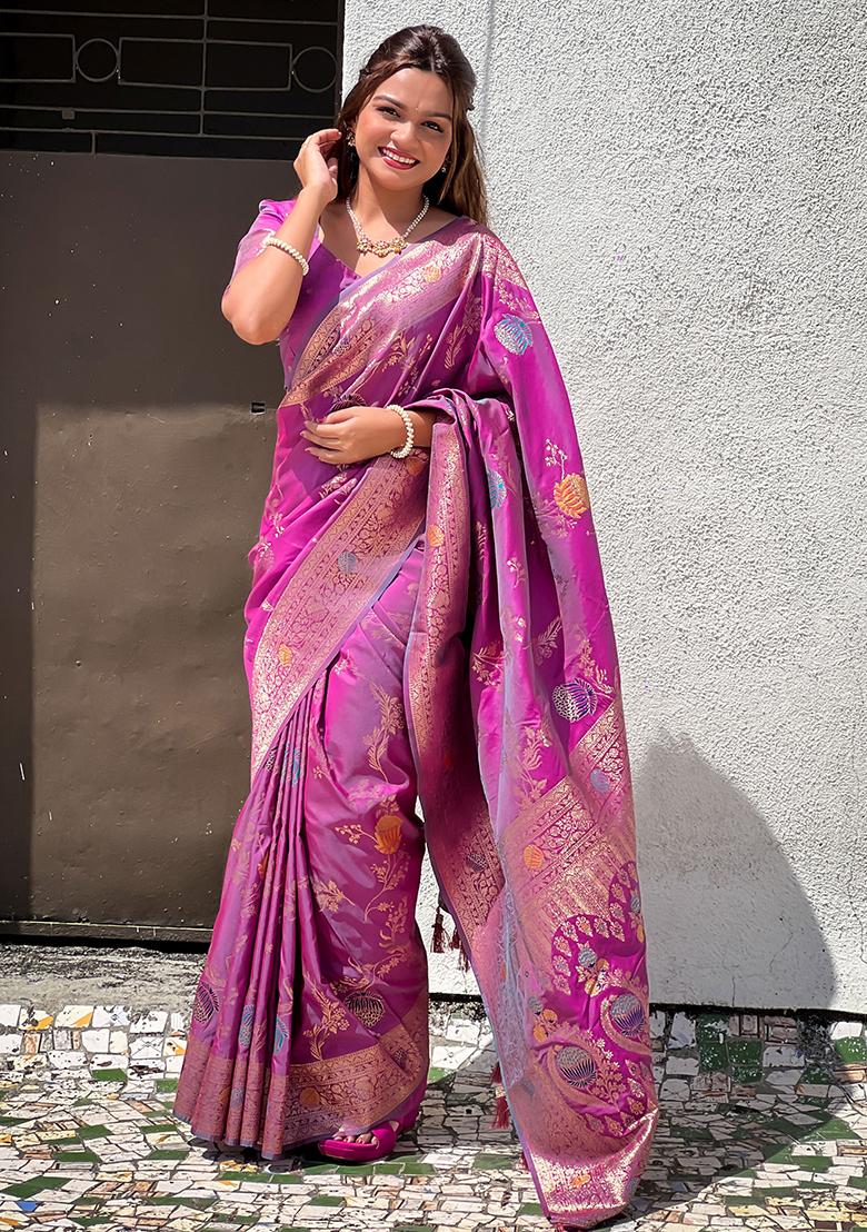Onion Pink Meenakari Banarasi Silk Saree Set