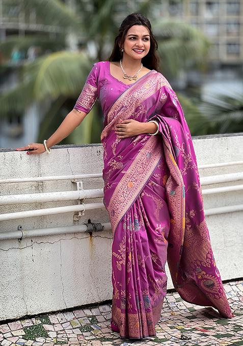 Onion Pink Meenakari Banarasi Silk Saree Set