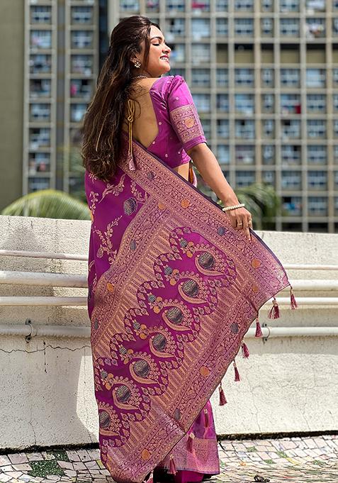 Onion Pink Meenakari Banarasi Silk Saree Set