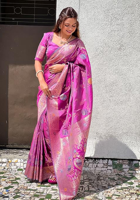 Onion Pink Meenakari Banarasi Silk Saree Set