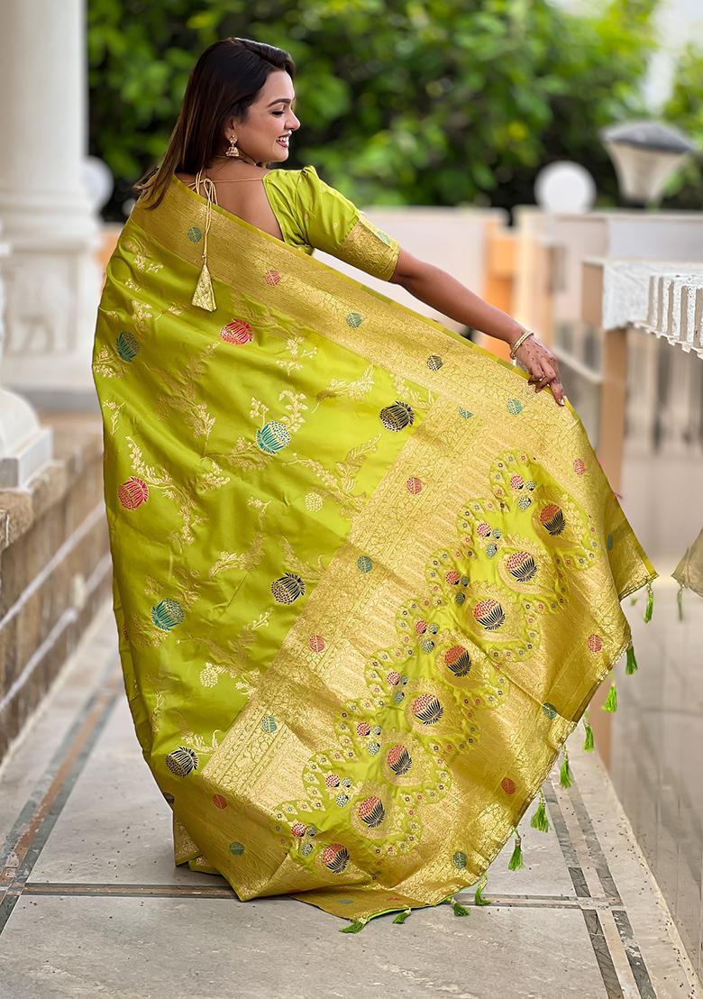 Parrot Green Meenakari Banarasi Silk Saree Set