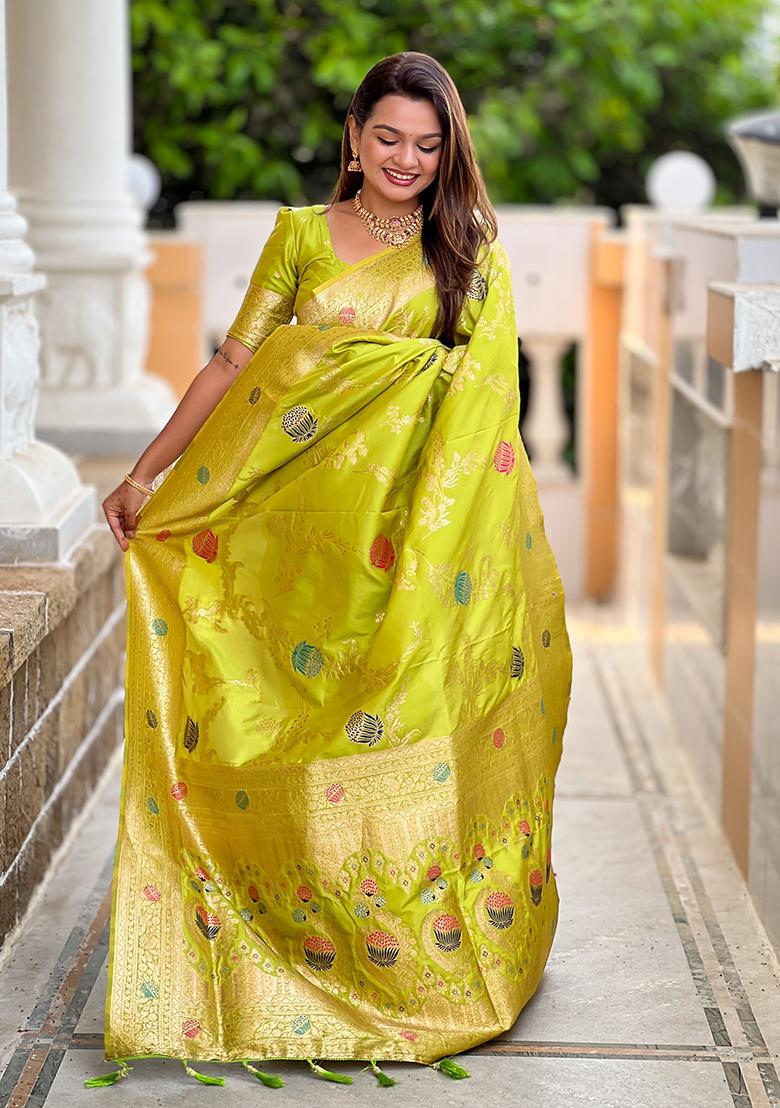 Parrot Green Meenakari Banarasi Silk Saree Set