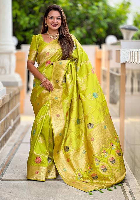Parrot Green Meenakari Banarasi Silk Saree Set