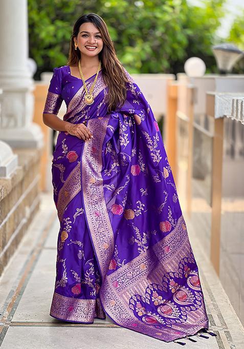 Purple Meenakari Banarasi Silk Saree Set