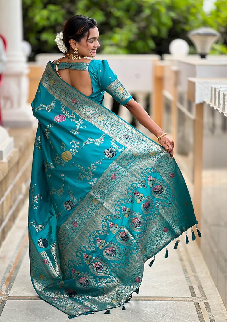 Sea Green Meenakari Banarasi Silk Saree Set