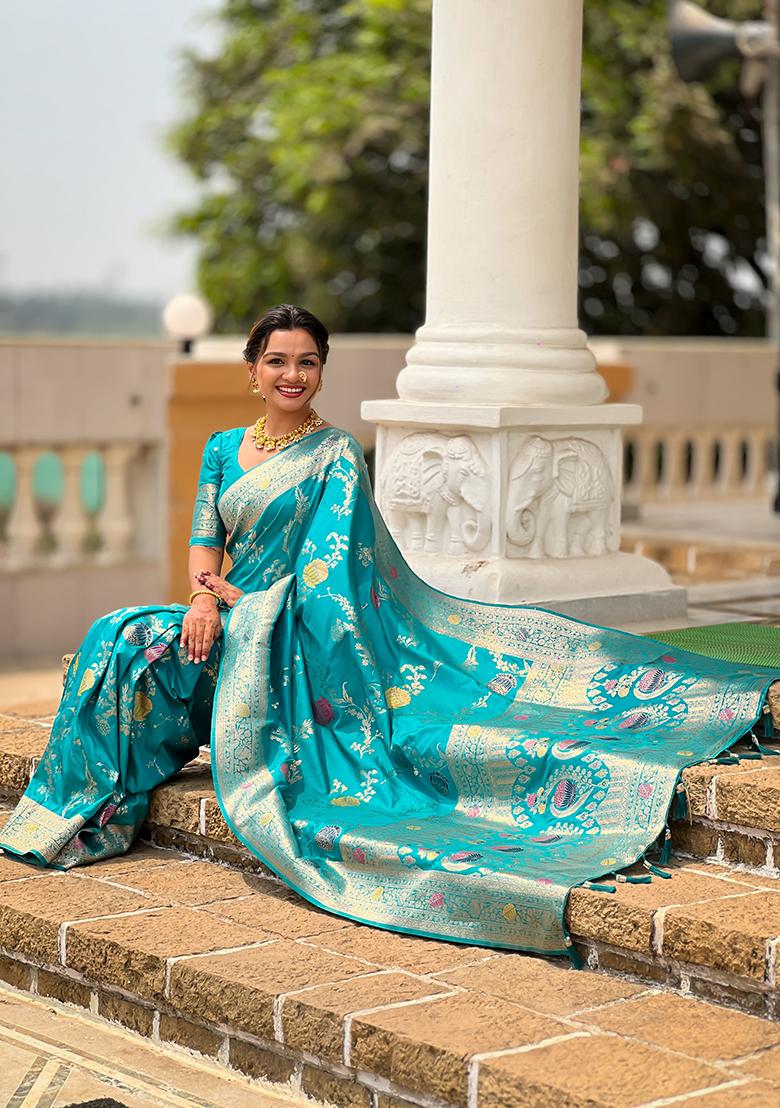 Sea Green Meenakari Banarasi Silk Saree Set