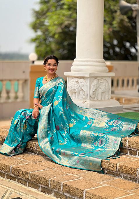 Sea Green Meenakari Banarasi Silk Saree Set