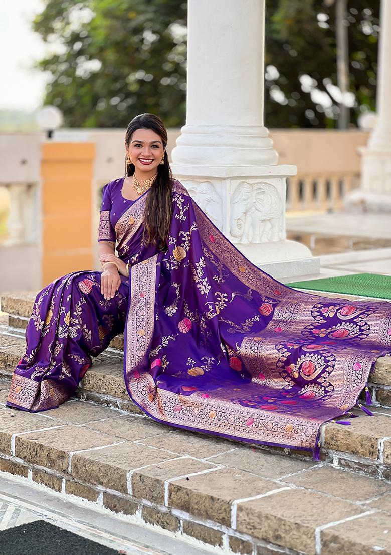 Voilet Meenakari Banarasi Silk Saree Set